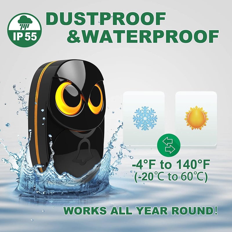 HTZSAFE Wireless Doorbell, Cute Owl Doorbell Weatherproof IP55 Outdoor Remote Push Button- 1000 feet Long Wireless Range- 35 Classic Melodies Optional, 5 Volume Levels & LED Flash-1 Receiver+2 Transmitters - Image 5